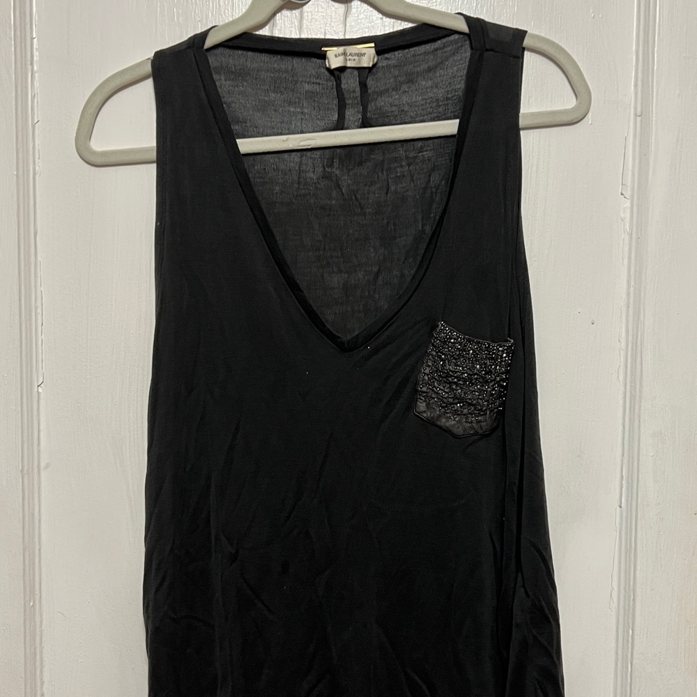 Saint Laurent Black Embellished Beaded Pocket V Neck Tank